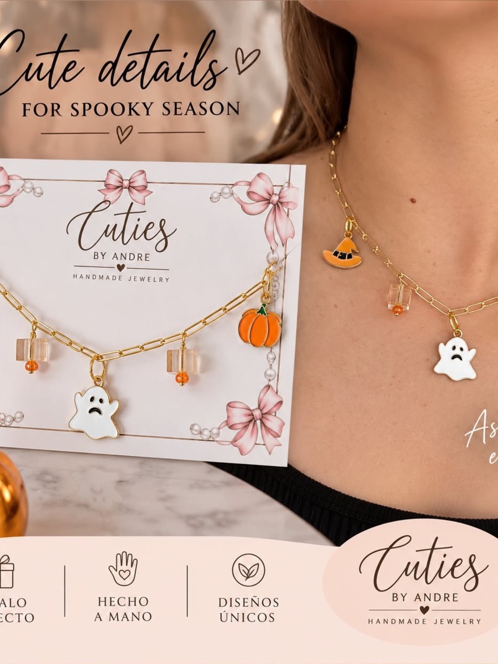 Gold Halloween Charm Necklace - White Ghost & Orange Pumpkin